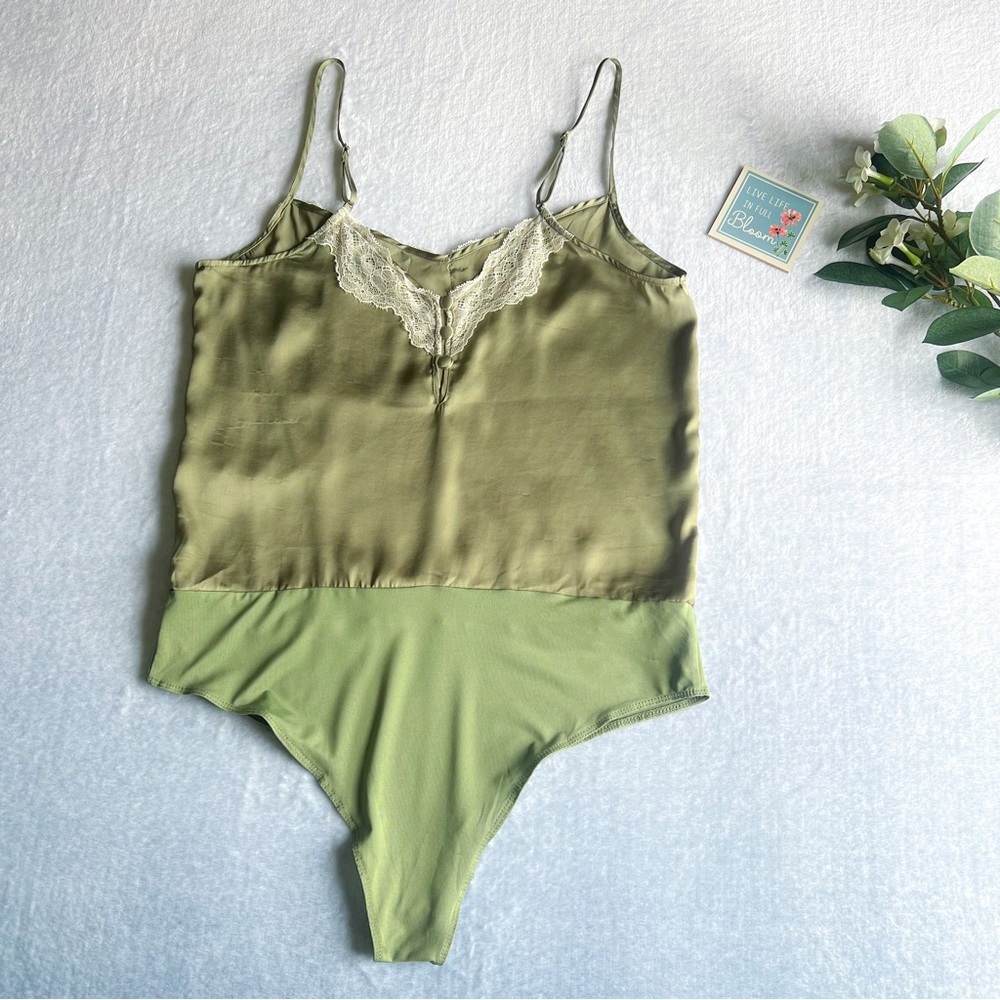 Zara Olive Green Satin Bodysuit Ivory Lace Design Spaghetti Straps